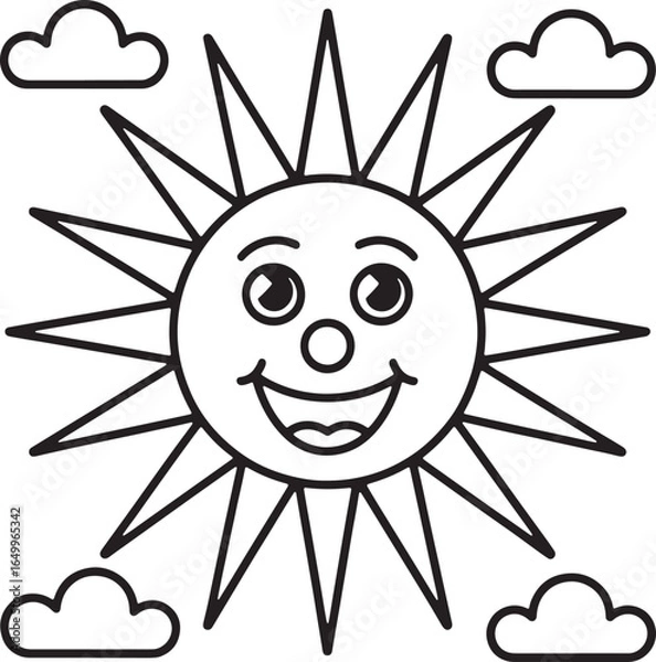 Fototapeta Happy cartoon sun with a wide grin and rays surrounded by fluffy clouds for coloring smiling face