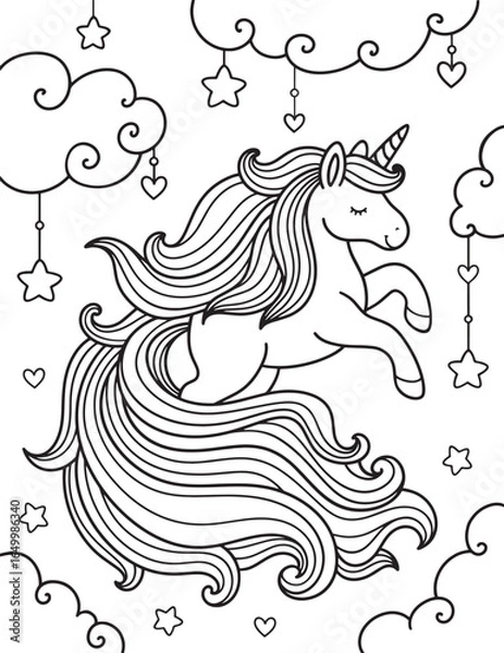 Obraz Vector Cute unicorn coloring book, Simple elements, heart. coloring pages, star, clouds. Magical animal. Coloring book pages for adults and kids