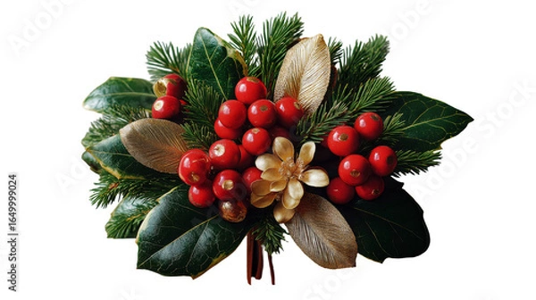 Fototapeta Festive floral arrangement with red berries and green foliage. isolated on transparent background cutout