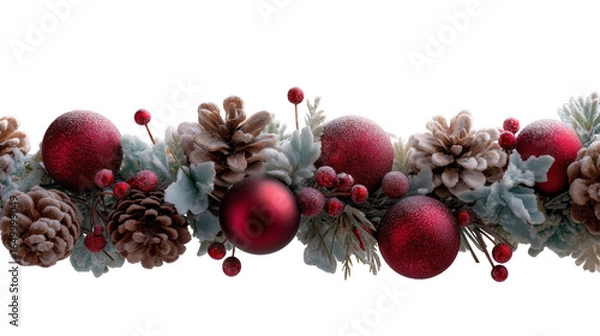 Fototapeta Festive holiday decoration with red ornaments and pine cones. isolated on transparent background cutout