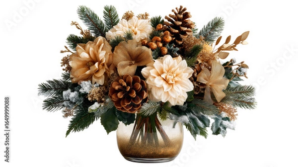 Fototapeta Elegant floral arrangement with pinecones and golden accents. isolated on transparent background cutout