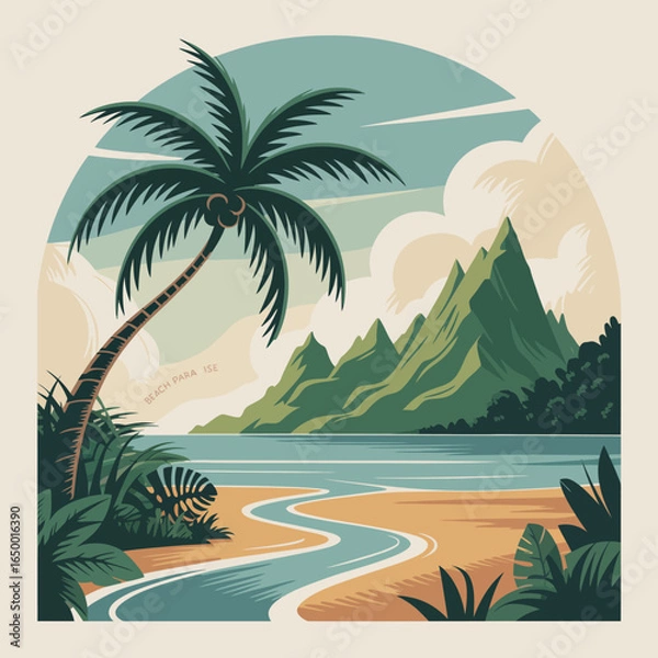 Fototapeta An exquisite coastal view featuring a solitary palm tree, dramatic mountain textures, and a serene bay, illustrating the tranquillity and beauty of nature in artistic form.