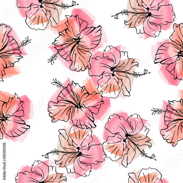 Fototapeta Hand drawn vector seamless pattern of hibiscus flowers. Sketch on watercolor background.