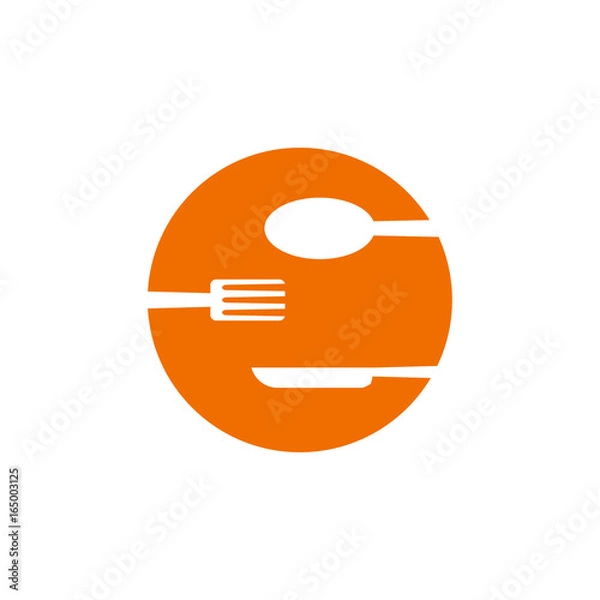 Fototapeta Restaurant menu logo design. An idea for cafe, fast food. Fork, spoon and knife on a plate.