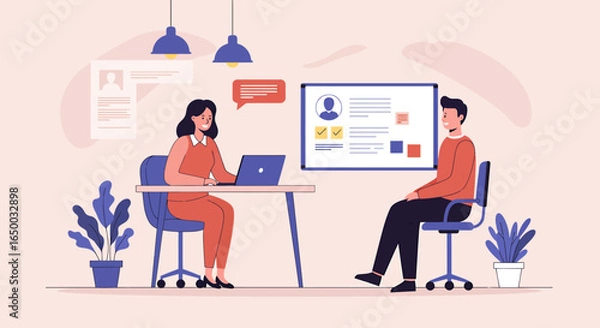 Fototapeta Female recruiter conducting a job interview with a male candidate in a modern office a flat vector illustration.