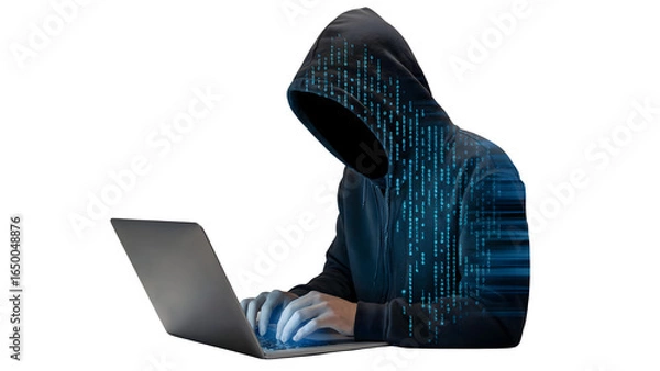 Fototapeta Mysterious hacker using laptop with binary code overlay, digital security threat