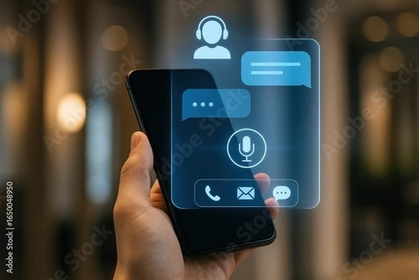Fototapeta Hand holding a smartphone with projected communication interface.