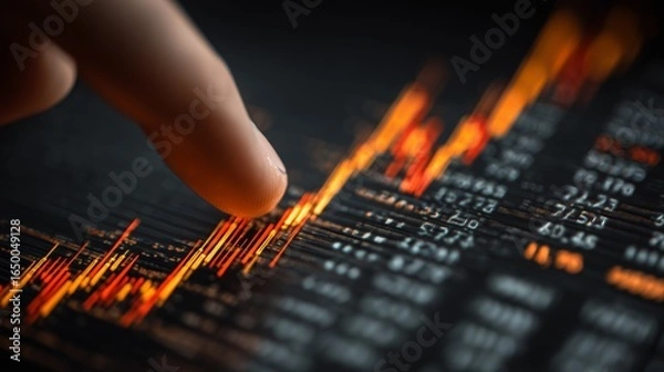 Fototapeta Finger touching a digital stock market graph with vibrant colors. Business success.