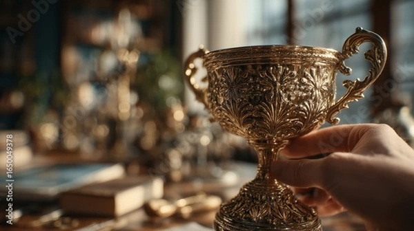 Fototapeta Intricate silver trophy held against a blurred backdrop. Business success.