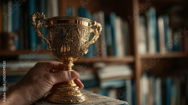 Fototapeta Hand holding a vintage trophy in a library setting. Business success.