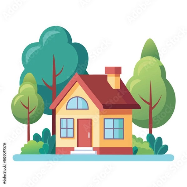 Obraz Small Cute House with Trees Vector Art