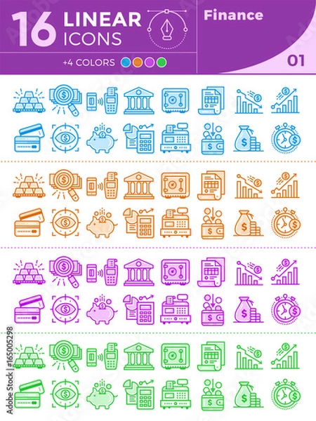 Fototapeta Unique linear icons set of finance, banking. With different colors suitable for banners and other types