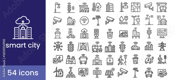Fototapeta Smart city icon set with urban technology symbols for future infrastructure, IoT, transportation, sustainability, and innovation.

