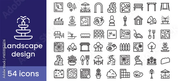 Fototapeta Landscape design icon set with line element symbols for a garden, park, or outdoor plan.

