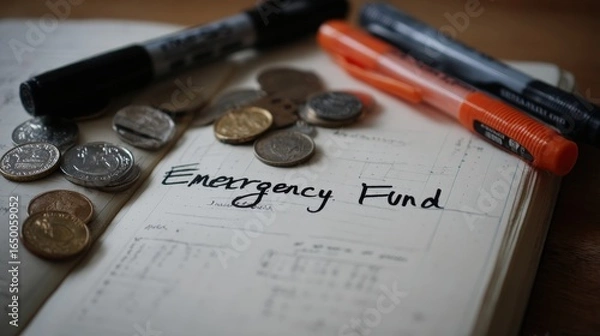 Fototapeta Emergency Fund text in notebook with coins and pens