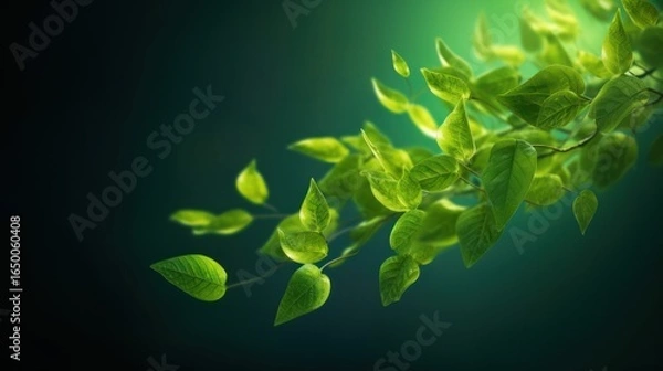 Fototapeta elegant vibrant lush foliage, dynamic motion blur effect, verdant green leaves swirling, ethereal luminous lighting, intricate natural textures, cinematic depth of field, photorealistic high-definitio