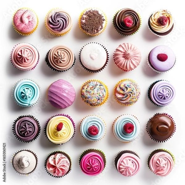 Fototapeta Colorful cupcakes arranged in a grid pattern on a white background (1)