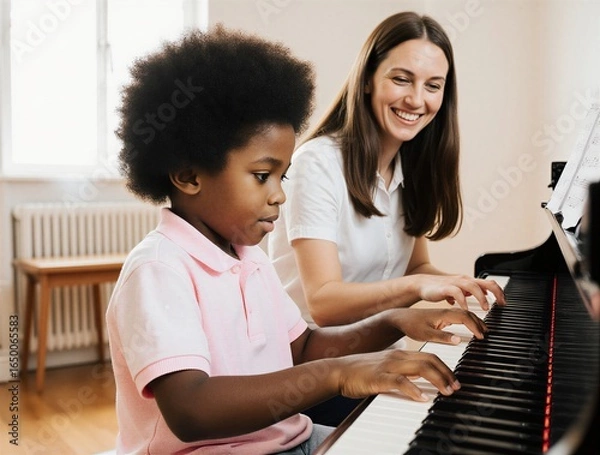 Fototapeta music student enjoying piano lesson with cheerful instructor | music lesson, education, school, childhood, development theme