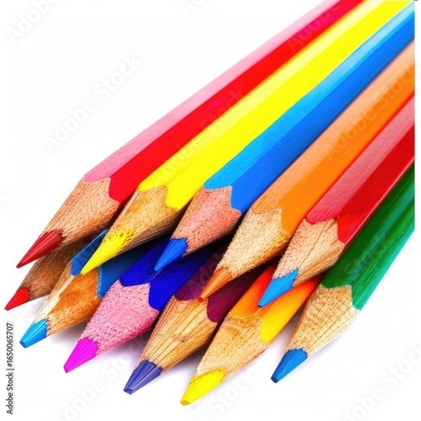 Fototapeta Colorful pencils clustered closely together against a white background