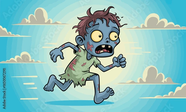 Fototapeta A cartoon zombie boy in a torn outfit runs, with a worried expression, illustrating a humorous take on zombies while maintaining an engaging and energetic style.