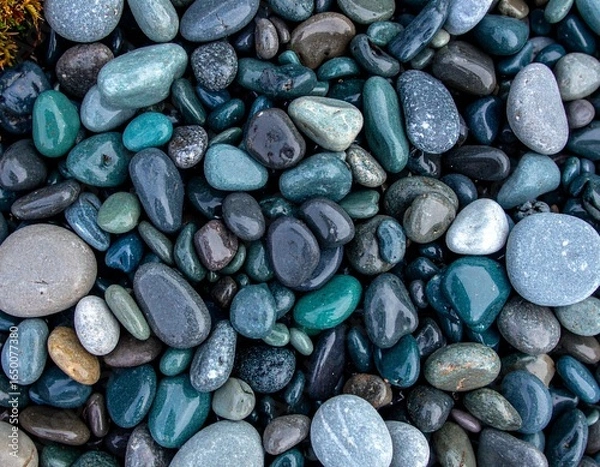 Fototapeta Polished pebbles in green, blue, and gray tones, blending glossy and matte textures in a natural arrangement.