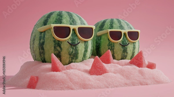 Fototapeta Two cheerful watermelons wearing yellow sunglasses and smiling faces sit on a mound of pink sugar with red candy peaks - Generative AI