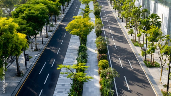 Fototapeta Aerial View of Green Urban Street with Lush Trees and Clear Pathways
