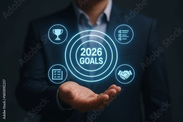 Obraz Person holding a holographic projection of 2026 goals.