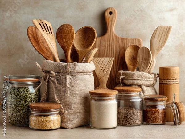 Obraz Cocina zero-waste: tarros a granel, utensilios de madera