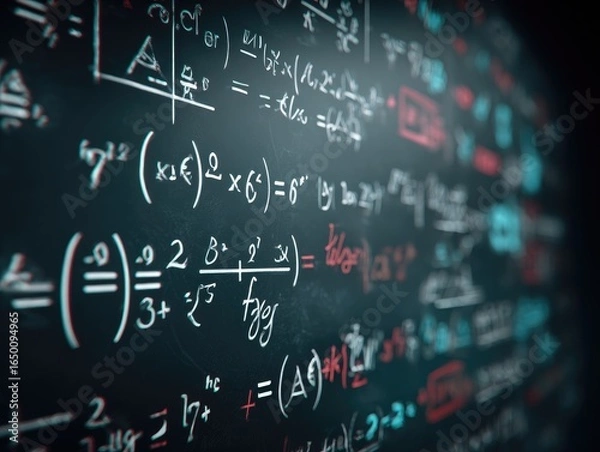 Fototapeta Complex mathematical equations densely cover a dark surface