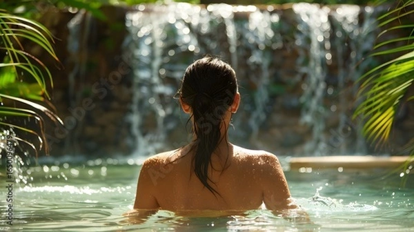 Fototapeta A woman in a peaceful outdoor spa standing under waterfall