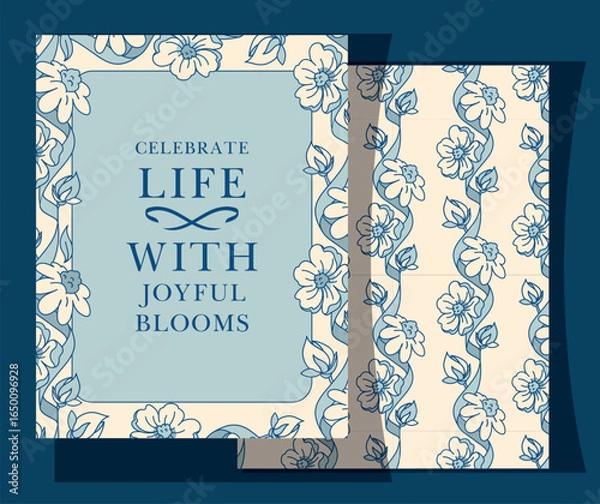 Fototapeta Vintage floral card with a blue frame, ideal for Birthday invitation or greeting. Features copy space for personalization. Perfect for elegant party or celebration designs.