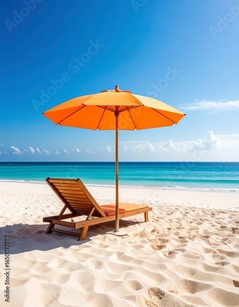 Fototapeta Idyllic beach scene with an orange parasol and a recliner on a sandy beach, ideal for summer getaway imagery and coastal living themes.