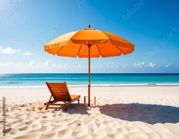 Fototapeta Idyllic beach scene with an orange parasol and a recliner on a sandy beach, ideal for summer getaway imagery and coastal living themes.