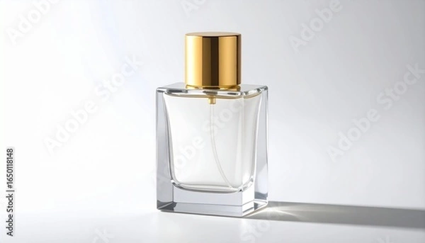 Fototapeta A Glass Perfume Bottle With A Golden Cap On A White Background With Deep Shadows