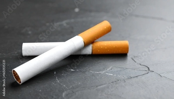 Obraz Two cigarettes resting on a dark surface.