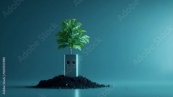 Fototapeta Sustainable Tech Growth: Green Plant Sprouting from Digital Device on Soil, Eco-Friendly Innovation Concept