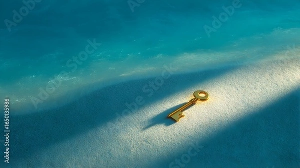 Fototapeta Golden Key on Sunlit Beach Sand by Calm Turquoise Ocean Shoreline with Sunlight and Shadows