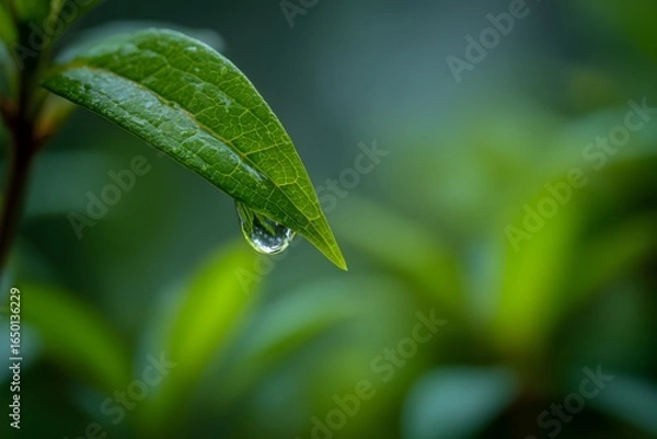Fototapeta Macro Close-up of Vibrant Green Leaf with Sparkling Water Droplet Against Blurry Natural Background