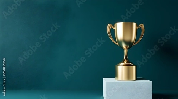Fototapeta Elegant Golden Award Trophy on Light Pedestal Against Deep Teal Background for Success and Achievement Concept