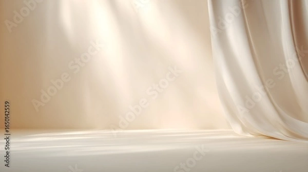 Fototapeta Elegant Minimalist Studio Background with Soft Beige Wall, Natural Light Rays, and Flowing Cream Curtain for Product Display