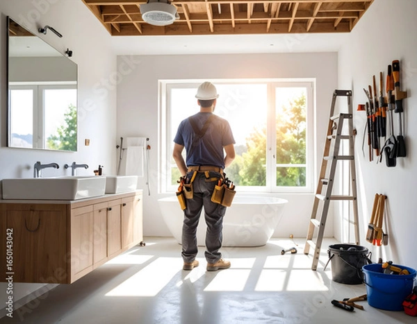 Fototapeta Skilled professional contractor stands contemplatively in a modern bathroom undergoing renovation, surveying the progress and envisioning the final home improvement design under bright natural light