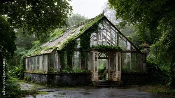 Fototapeta Overgrown Abandoned Rustic Greenhouse in Lush Enchanting Forest