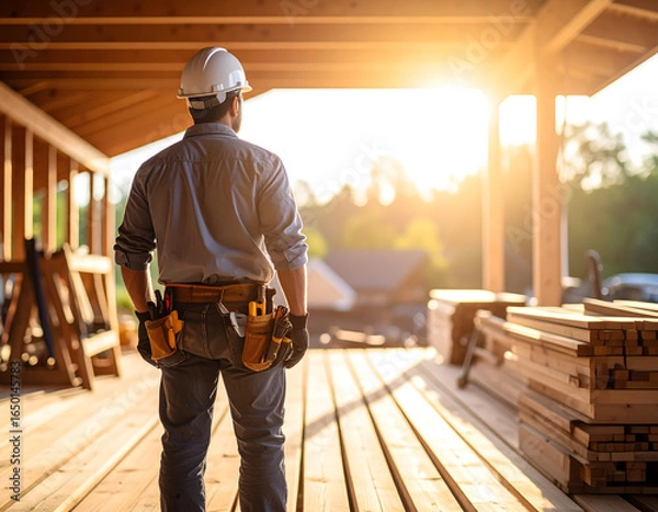 Fototapeta Dedicated builder overlooks new home construction at golden hour from a wooden deck, symbolizing progress and the future of residential development