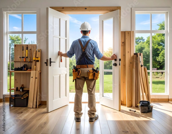 Fototapeta Carpenter Standing in New Home Construction, Open Doors to Bright Future
