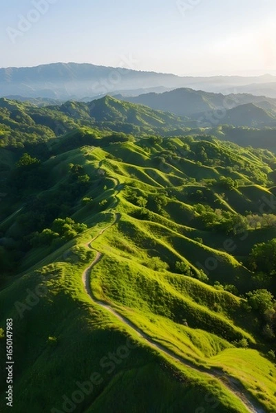 Fototapeta Vibrant Green Rolling Hills Landscape with Winding Hiking Trail and Hazy Distant Mountains at Golden Hour