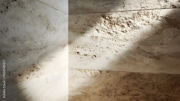 Fototapeta Abstract Beige Travertine Stone Wall Texture with Dramatic Sunlight and Shadows in a Corner