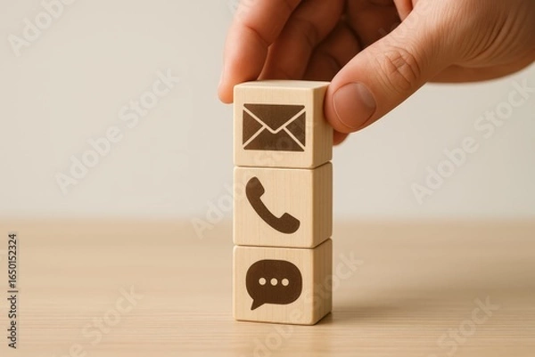 Fototapeta Wooden blocks with communication icons arranged in a stack.