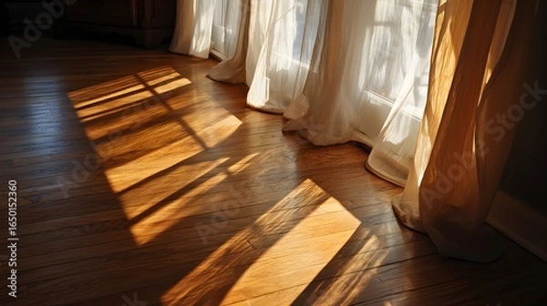 Fototapeta Golden Sunlight Streaming Through Sheer Curtains Casting Abstract Window Shadows on Hardwood Floor