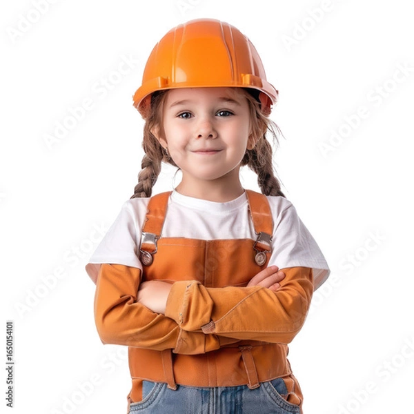 Fototapeta Smiling little girl wearing hard hat construction worker uniform standing isolate on transparency background